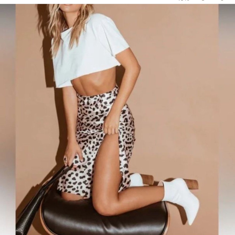 Princess Polly Nia midi skirt leopard cheetah print high slit silky